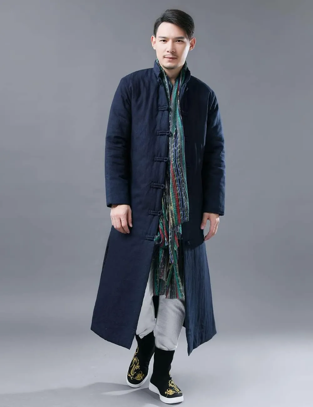 Ystylee Men's Winter Warm Parka Outwear Long Jacket Thick Quilted Traditional Chinese Tang Suit Style Overcoat