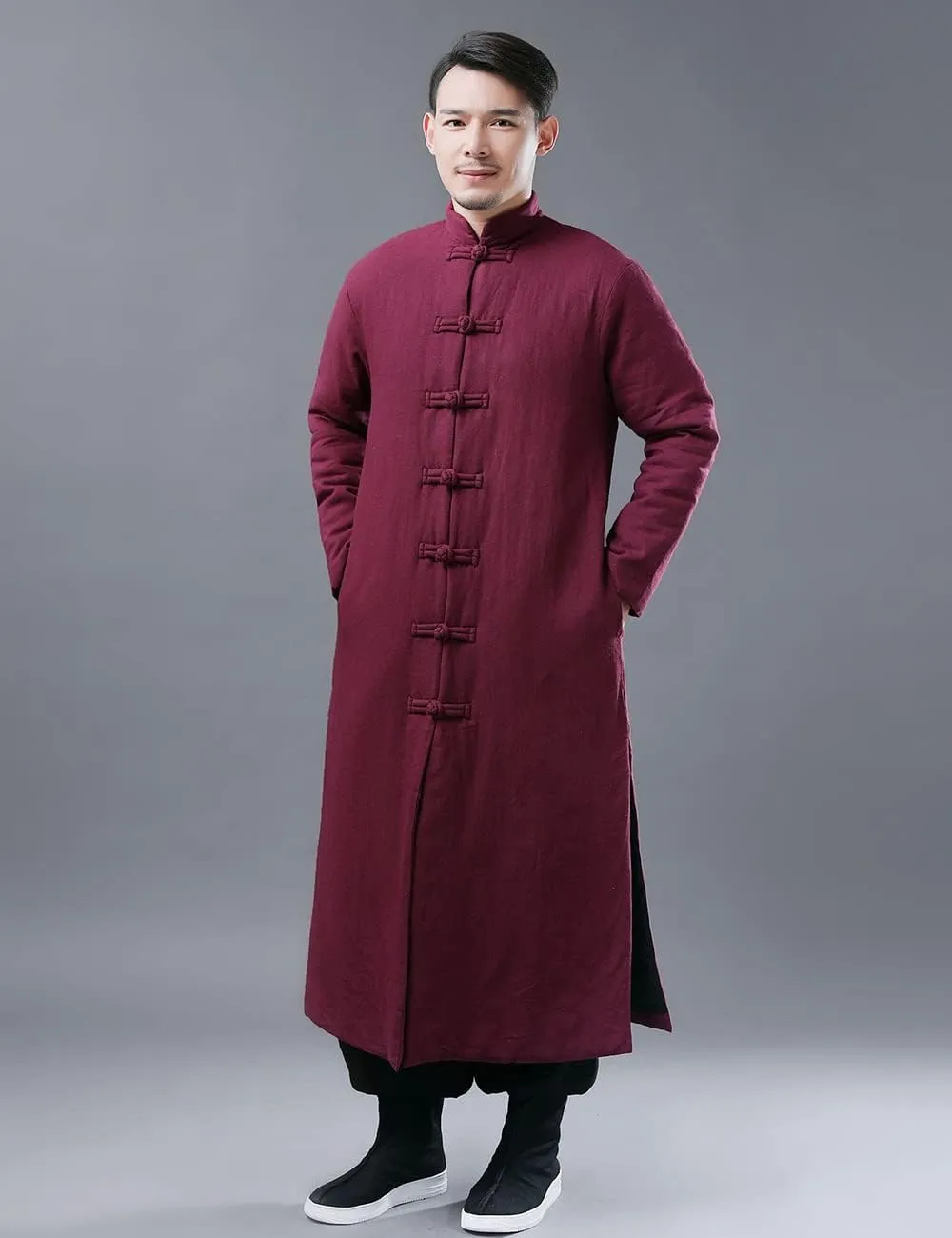Ystylee Men's Winter Warm Parka Outwear Long Jacket Thick Quilted Traditional Chinese Tang Suit Style Overcoat