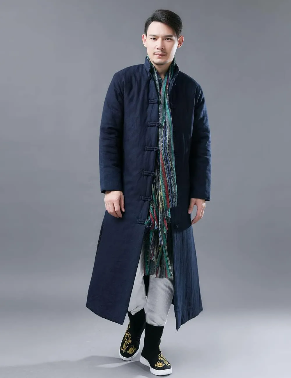 Ystylee Men's Winter Warm Parka Outwear Long Jacket Thick Quilted Traditional Chinese Tang Suit Style Overcoat
