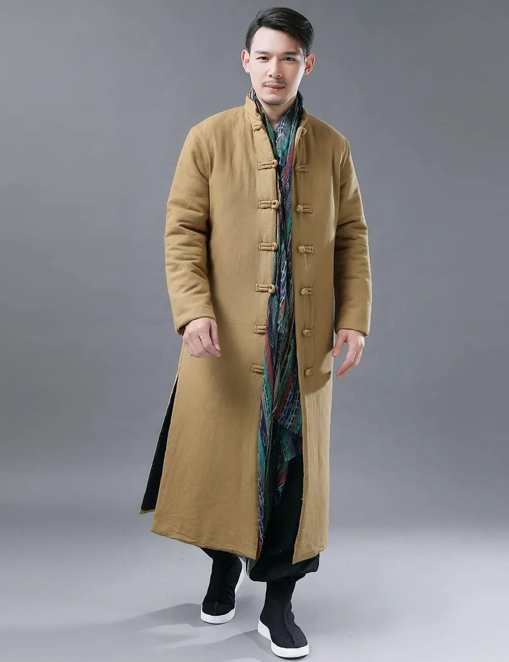 Ystylee Men's Winter Warm Parka Outwear Long Jacket Thick Quilted Traditional Chinese Tang Suit Style Overcoat