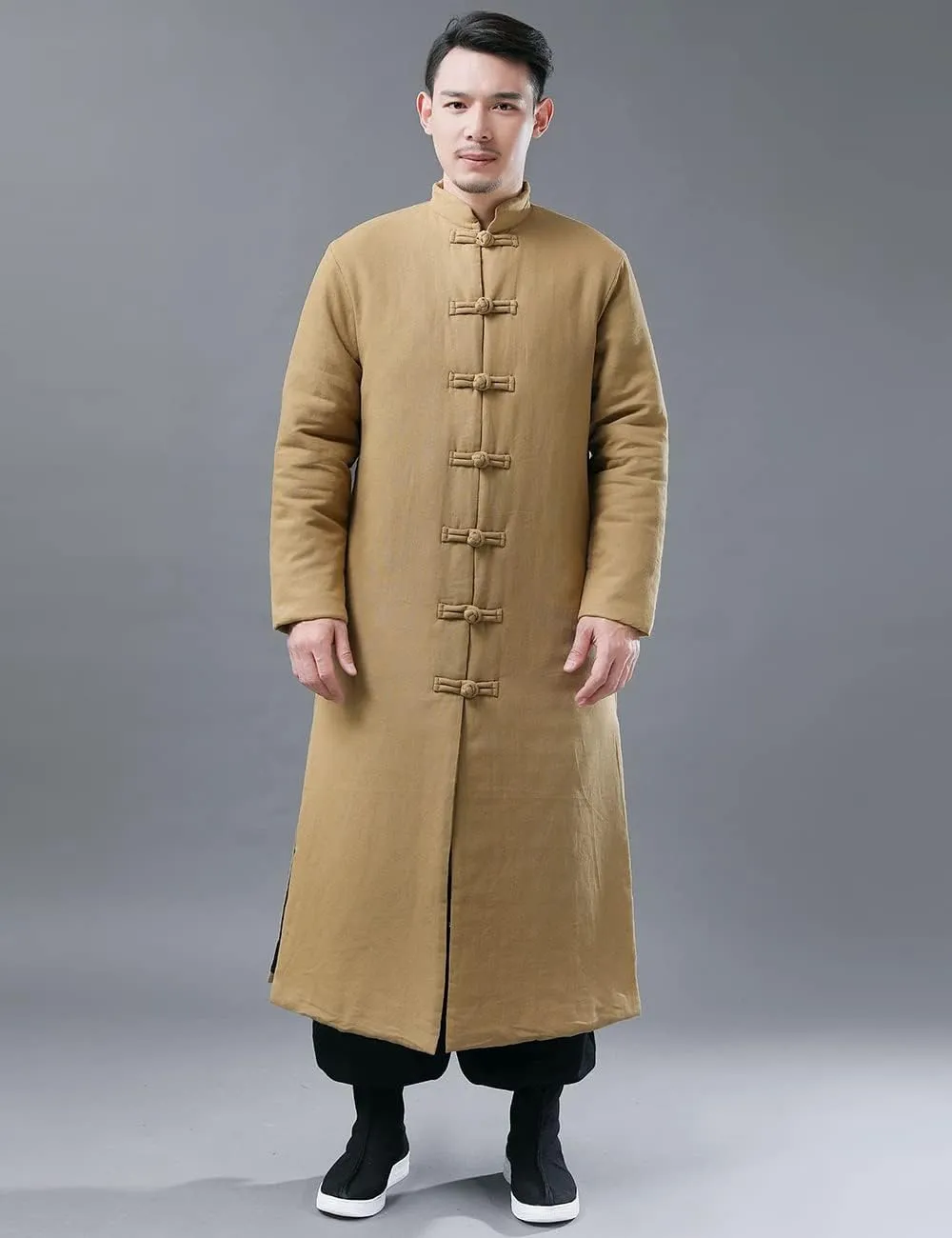 Ystylee Men's Winter Warm Parka Outwear Long Jacket Thick Quilted Traditional Chinese Tang Suit Style Overcoat