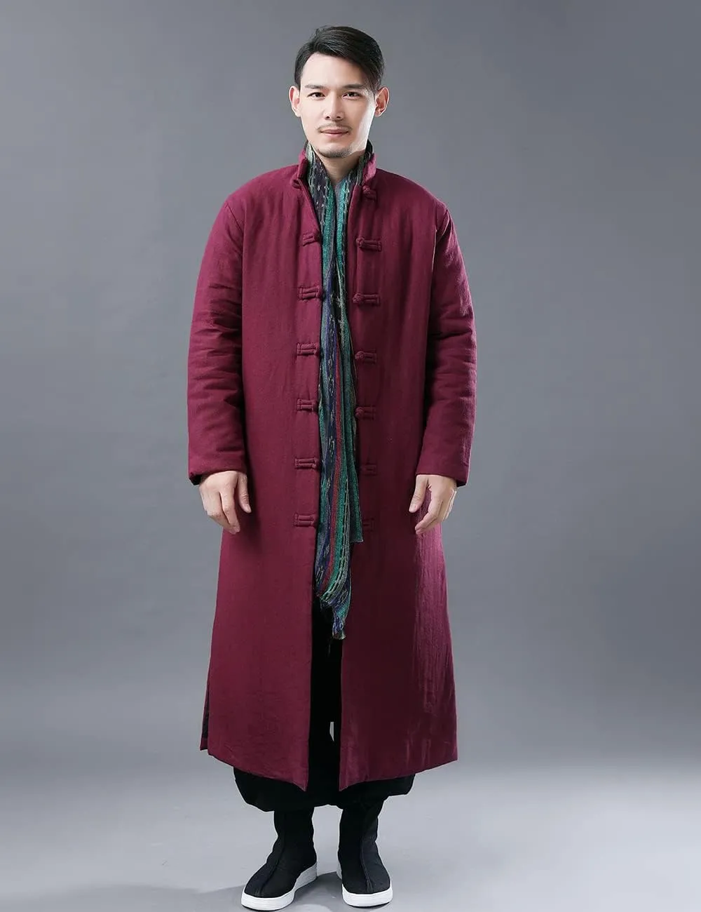 Ystylee Men's Winter Warm Parka Outwear Long Jacket Thick Quilted Traditional Chinese Tang Suit Style Overcoat