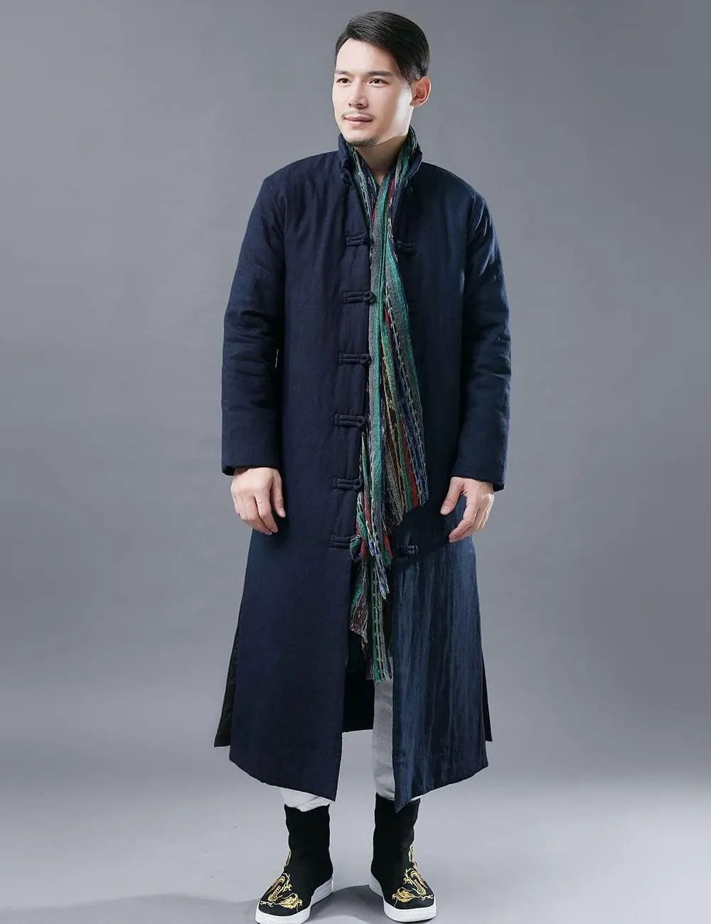 Ystylee Men's Winter Warm Parka Outwear Long Jacket Thick Quilted Traditional Chinese Tang Suit Style Overcoat