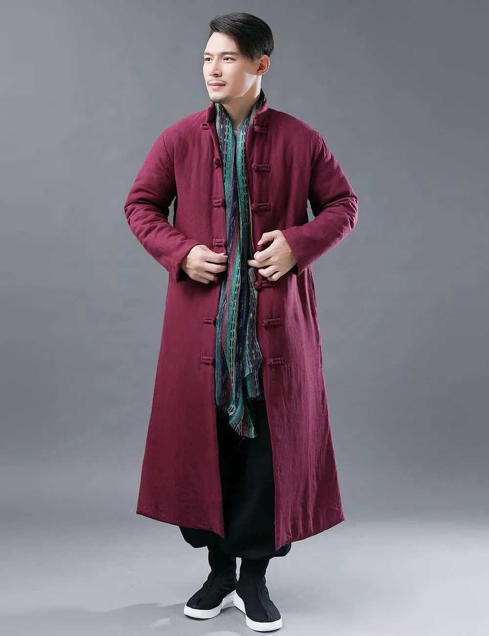Ystylee Men's Winter Warm Parka Outwear Long Jacket Thick Quilted Traditional Chinese Tang Suit Style Overcoat