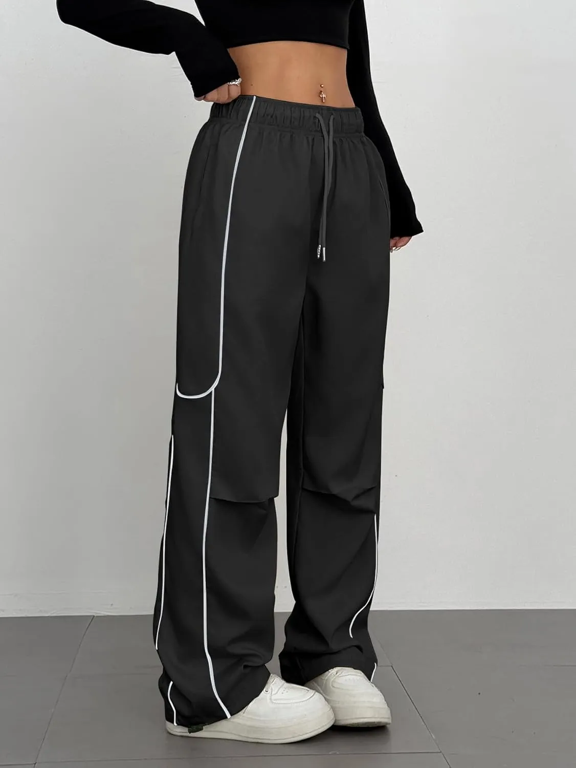 ZAFUL Parachute Pants for Women Sweatpants Y2K Contrast Pipping Cargo Trousers Jogger Pants with Pockets