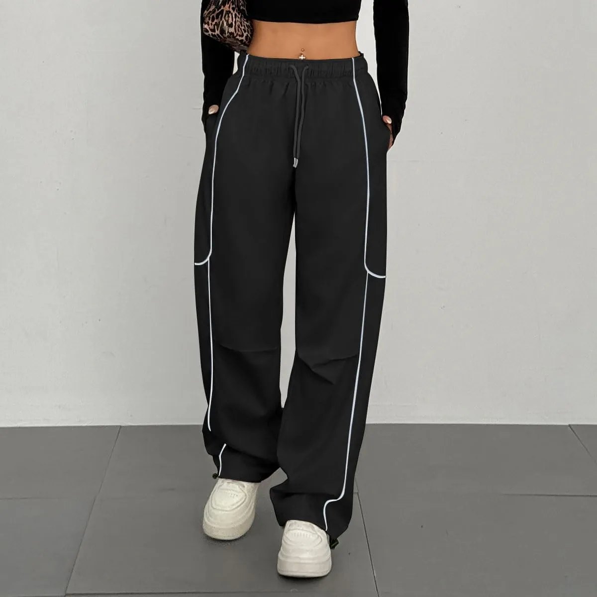 ZAFUL Parachute Pants for Women Sweatpants Y2K Contrast Pipping Cargo Trousers Jogger Pants with Pockets