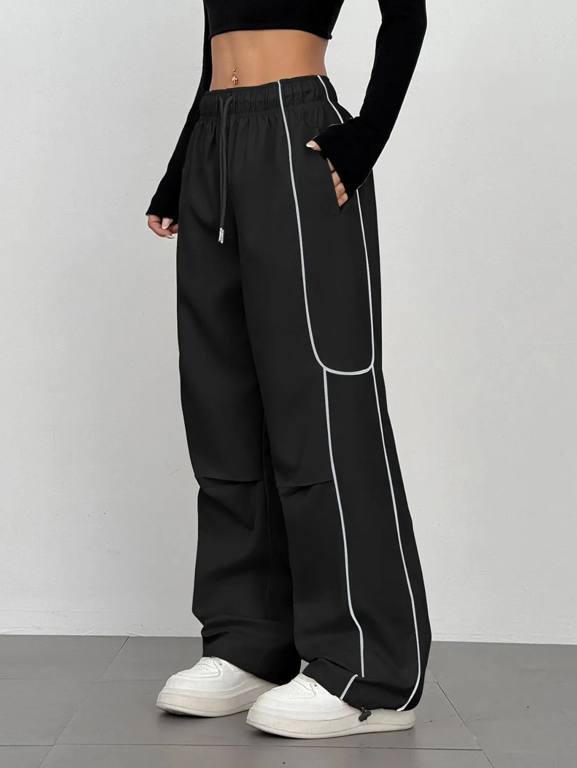 ZAFUL Parachute Pants for Women Sweatpants Y2K Contrast Pipping Cargo Trousers Jogger Pants with Pockets