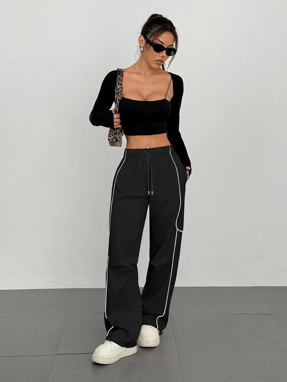ZAFUL Parachute Pants for Women Sweatpants Y2K Contrast Pipping Cargo Trousers Jogger Pants with Pockets