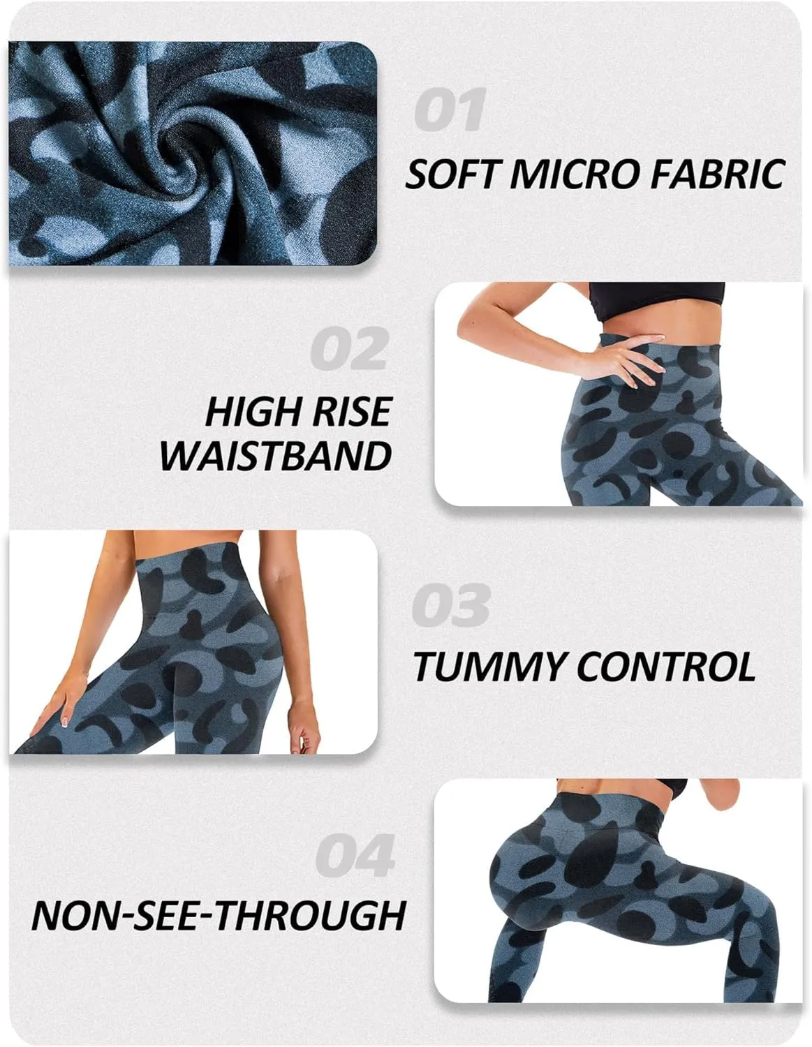 ZOOSIXX High Waisted Leggings for Women - Tummy Control Soft Opaque Printed Pants with Camo, Leopard for Workout Skating